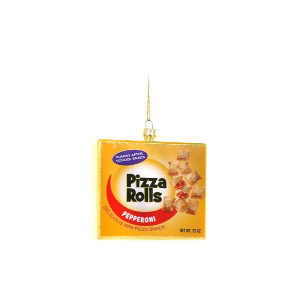 Holiday ornament on gold string resembles a yellow box of Pepperoni Pizza Rolls