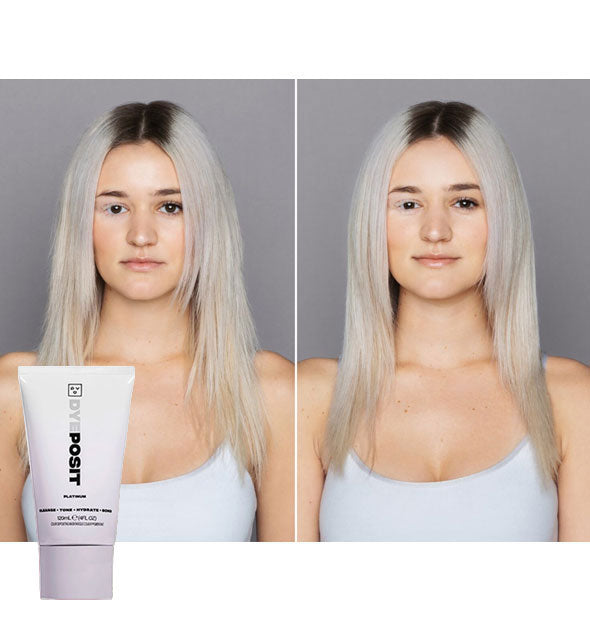 Model's hair before and after using Good Dye Young DYEposit in Platinum