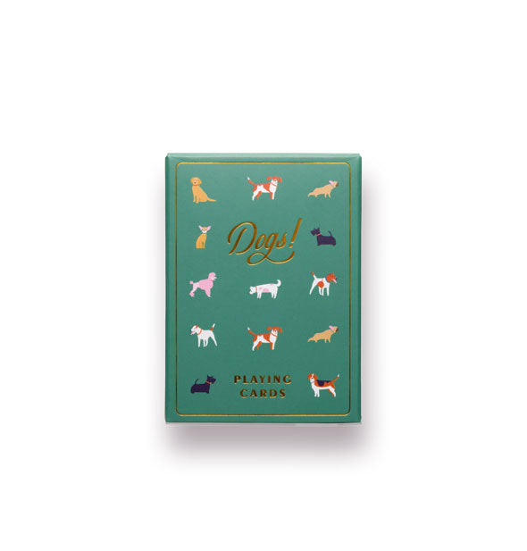 Green pack of Dogs! Playing Cards with gold foil stamped lettering and small colorful dog illustrations all over
