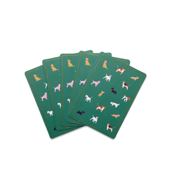 Dogs! Playing Cards hand with backs shown that mimic the packaging design