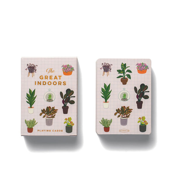 Stack of Great Indoors playing cards with box, both illustrated with potted plants and accented with metallic gold foil