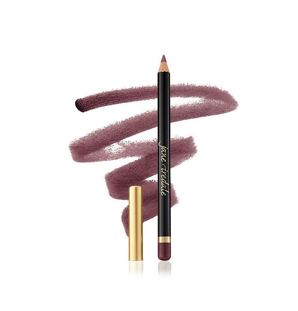 Jane Iredale Lip Pencil with cap removed and product sample drawing behind in the shade Plum