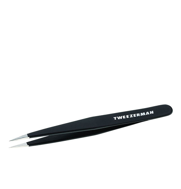 Black tweezer is printed with Tweezerman logo in white on handle and features pointed stainless steel tips