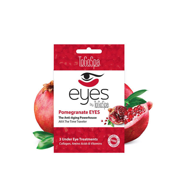 Pack of Pomegranate EYES Under Eye Treatments by ToGoSpa staged with whole and halved pomegranates and green leaves