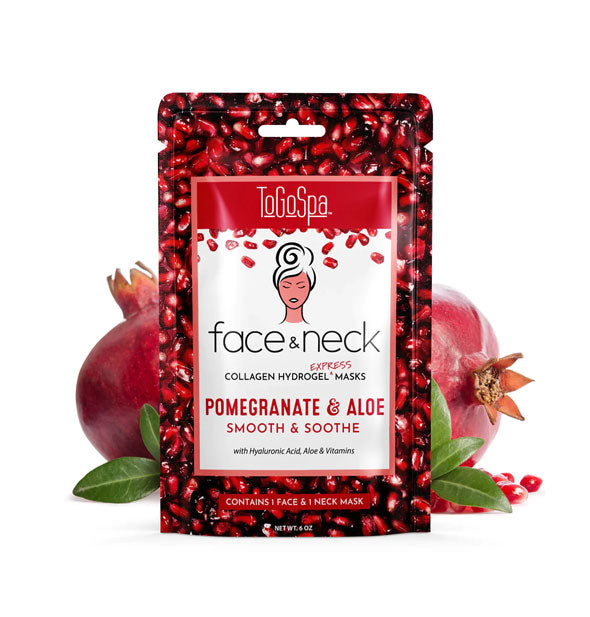 ToGoSpa Face & Neck Pomegranate & Aloe Collagen Hydrogel Maks packet is flanked by pomegranate fruits, seeds, and leaves