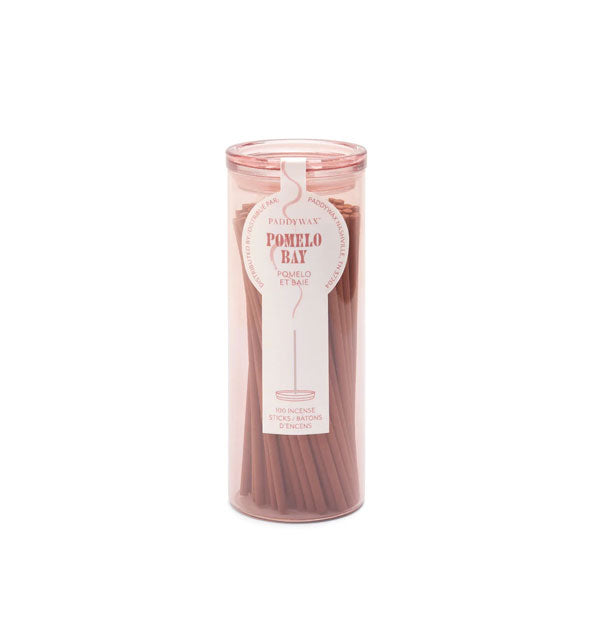 Rose-colored glass tube holds 100 sticks of Paddywax Pomelo Bay Incense
