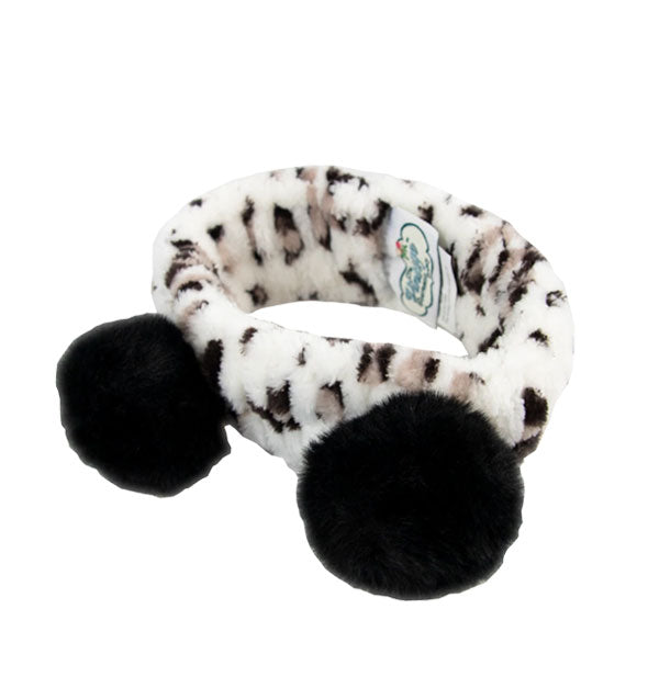 Fuzzy leopard print headband with two black pom poms
