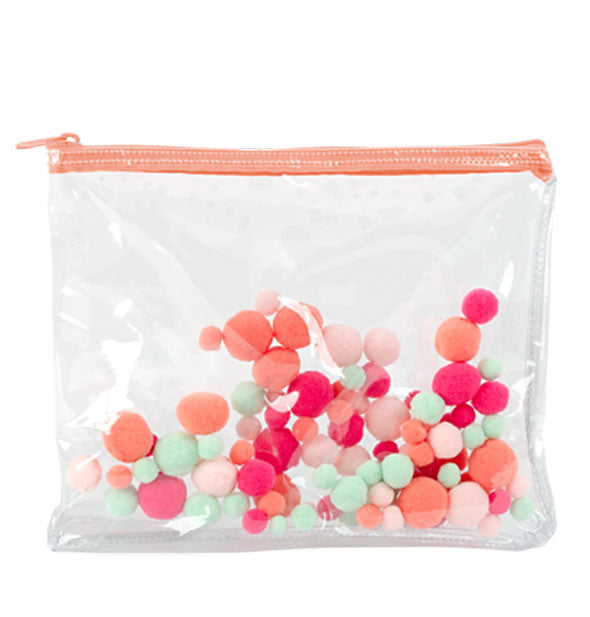 Clear vinyl pouch with coral zipper and multicolored plush pom poms embedded in the plastic