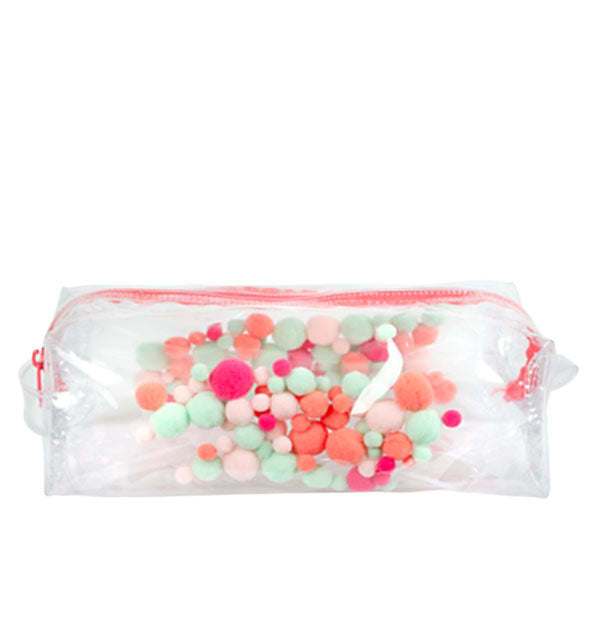 Clear vinyl pouch with red zipper and multicolored plush pom poms inside the shell