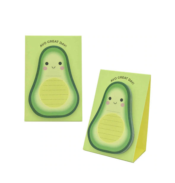 Green note sheets with smiling avocado graphics say, "Avo Great Day!" and stand upright on their own with a folded, flattened base