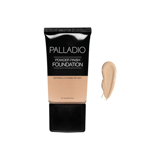Tube of Palladio Powder Finish Foundation with sample to the right in the shade Porcelain