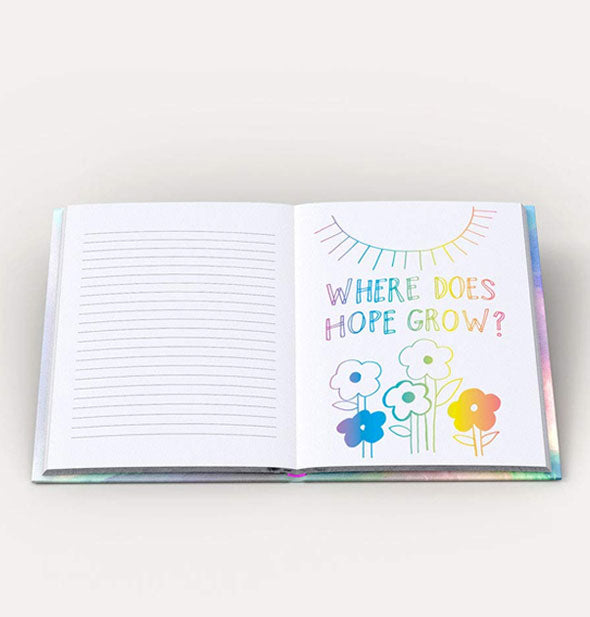 Posi Vibes journal shown open to a lined page at left with a colorfully illustrated page at right which says, "Where does hope grow?"