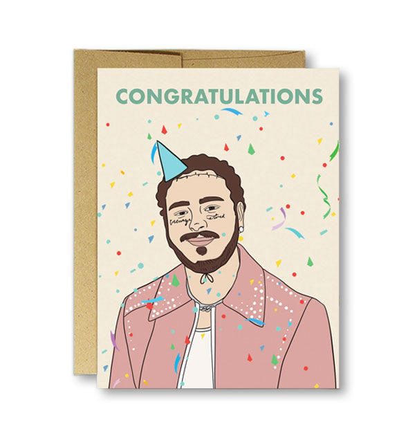 Greeting card laying on top of a kraft envelope features illustration of Post Malone wearing a party hat and surrounded by confetti under the word, "Congratulations"