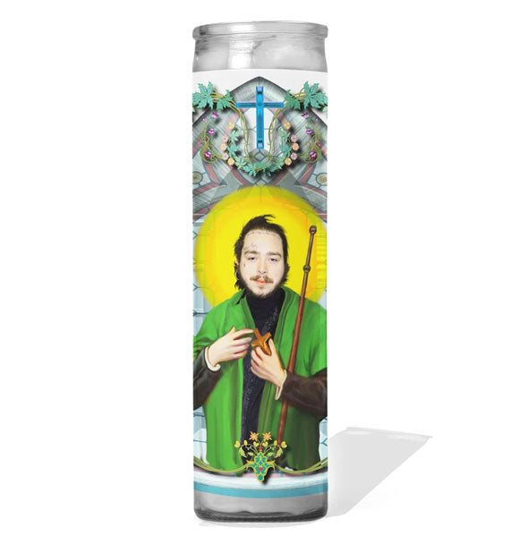 Prayer candle depicting Post Malone as a saint