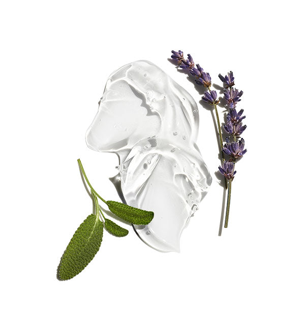 Sample application of facial gel with sprigs of lavender and mint