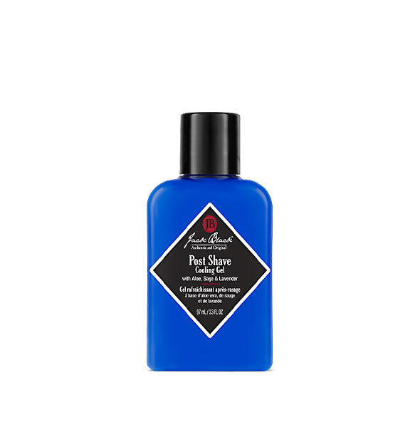 Blue 3.3 ounce bottle of Jack Black Post Shave Cooling Gel with black label and cap