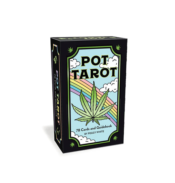 Pot Tarot card deck box with colorful cannabis leaf, rainbow, and sky illustration