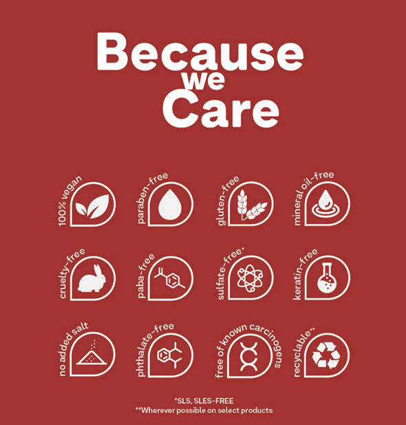 "Because We Care" key benefits of ColorProof products represented by infographics