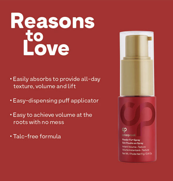 Bottle of ColorProof Powder Fix Spray is labeled with bulleted list of "Reasons to Love" it