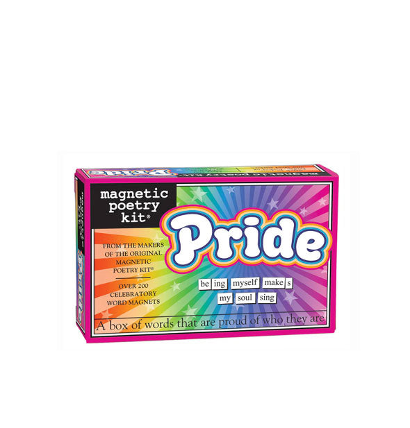 Magnetic Poetry Kit Pride edition box with colorful radial rainbow and stars design