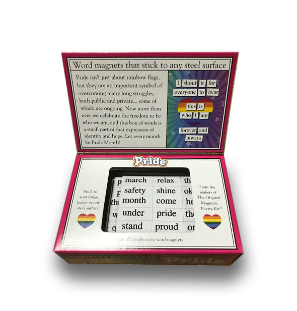 Inside of the Pride Magnetic Poetry Kit box shows sample word tiles through packaging window