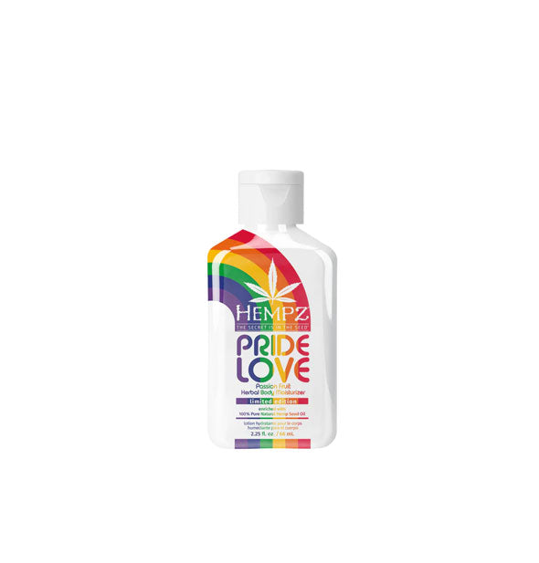 White 2.25 ounce bottle of limited edition Hempz Pride Love Passion Fruit Herbal Body Moisturizer with colorful rainbow design