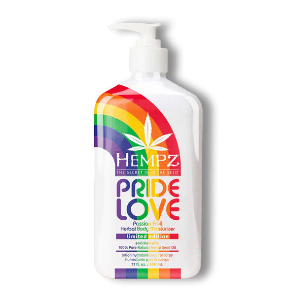 White 17 ounce bottle of limited edition Hempz Pride Love Passion Fruit Herbal Body Moisturizer with colorful rainbow design