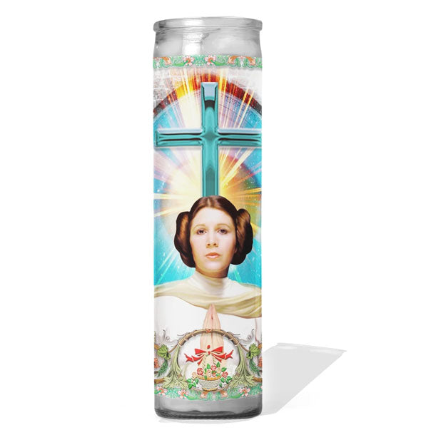 Glass prayer candle with image of Star Wars' Princess Leia