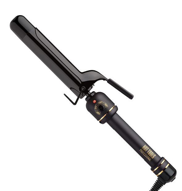 Black Hot Tools curling iron with gold accents and a one-and-a-quarter-inch diameter barrel