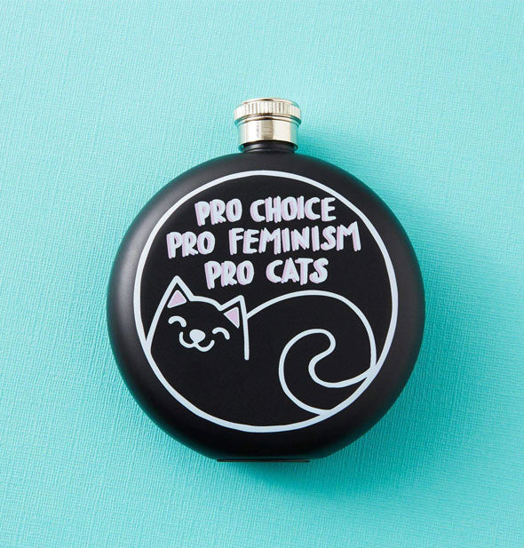 Round black flask with white line cat illustration says, "Pro Choice Pro Feminism Pro Cats"