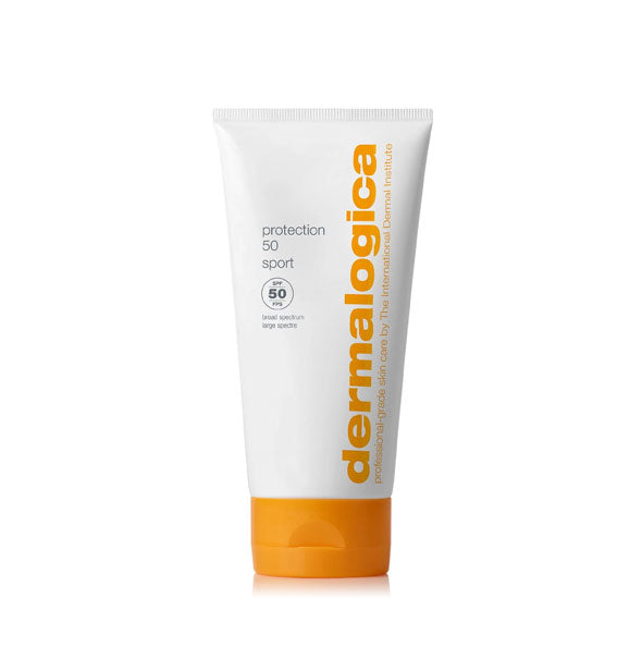 White 5 ounce bottle of Dermalogica Protection 50 Sport sunscreen with orange logo and cap