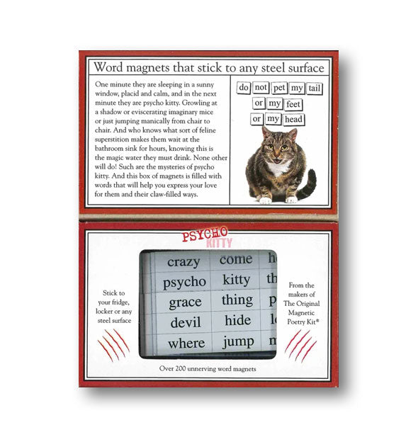 Psycho Kitty by Magnetic Poetry Kit box interior shows some sample word tiles