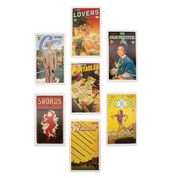 Sample cards from The Pulp Tarot deck include The Lovers, The High Priestess, The Fool, Wands, Swords, King of Cups, and The Three of Pentacles