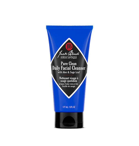 Blue bottle of Jack Black Pure Clean Daily Facial Cleanser with black and red accents