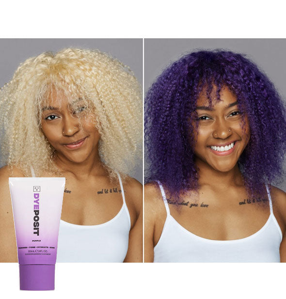 Model's hair before and after using Good Dye Young DYEposit in Purple