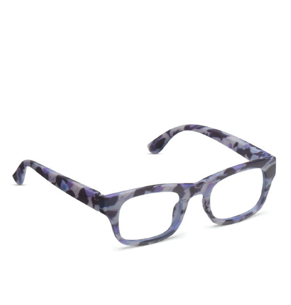 Pair of purplish reading glasses with dark marbled patterning and a square shape