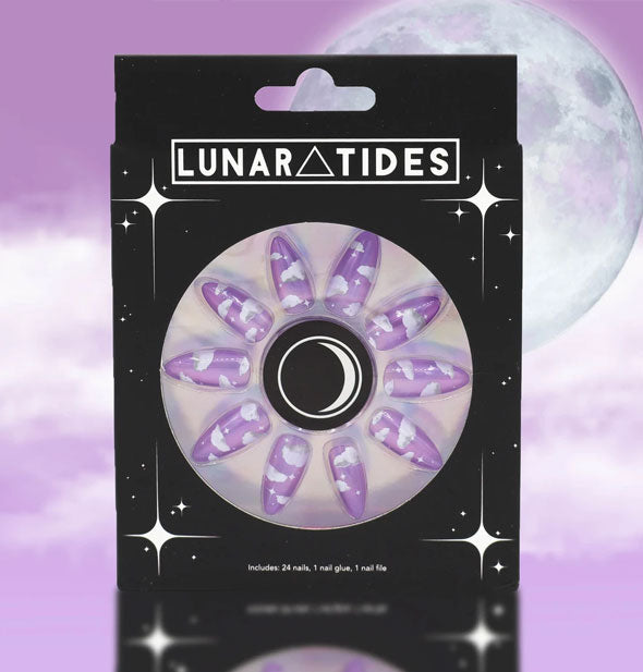Pack of Lunar Tides press-on nails in purple and white cloud pattern