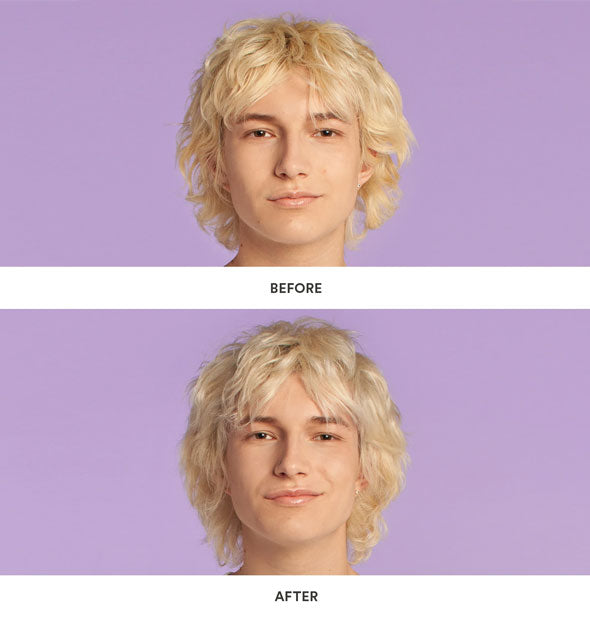 Model demonstrates before and after results of using Verb Purple Shampoo