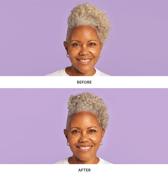 Model demonstrates before and after results of using Verb Purple Shampoo