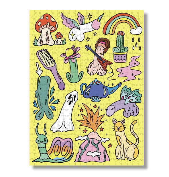 Rectangular assembled jigsaw puzzle with colorful illustrations of items resembling male anatomy