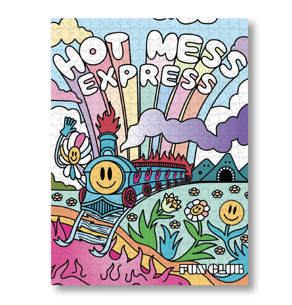 Assembled rectangular jigsaw puzzle with colorful psychedelic flaming train illustration says, "Hot Mess Express" in bubble lettering at the top