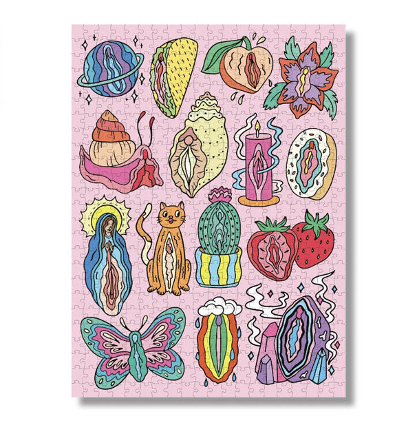 Rectangular assembled jigsaw puzzle with colorful illustrations of items bearing a resemblance to female anatomy