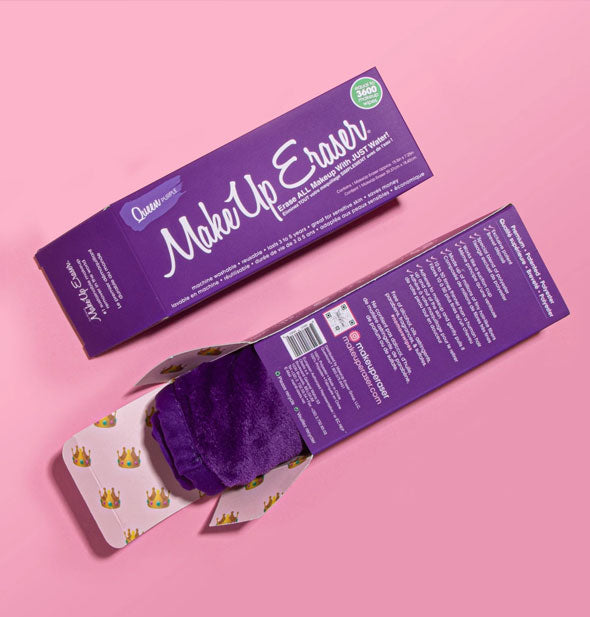 Two Queen Purple MakeUp Eraser boxes, one closed and one opened to reveal a cloth partially emerging from inside