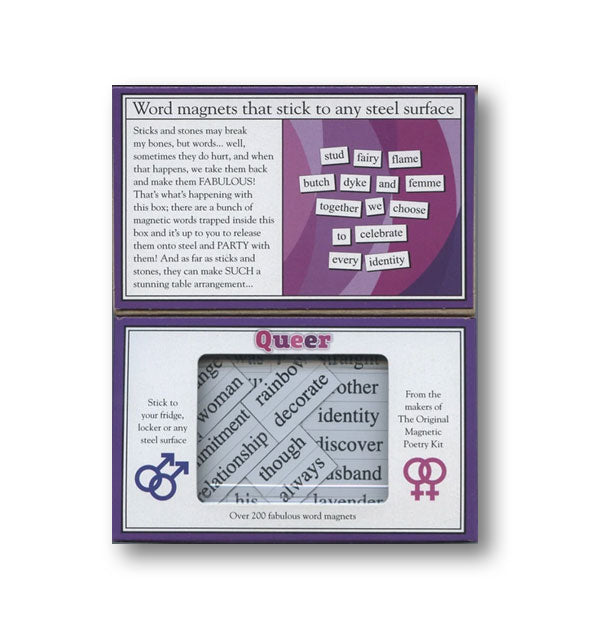 Queer by Magnetic Poetry Kit box interior shows some sample word tiles