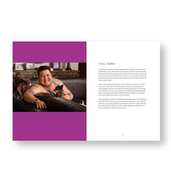 Page spread from Queer Icons and Their Cats features a chapter on Chaz Bono alongside a photograph of him reclined on a sofa with his two cats