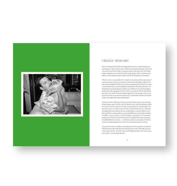 Page spread from Queer Icons and Their Cats features a chapter on Freddie Mercury alongside a black and white photograph of the singer cuddling his long-haired Siamese cat