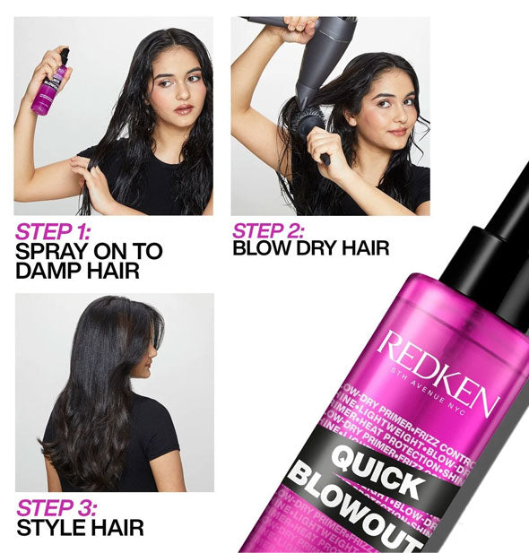 Steps 1, 2, and 3 of using Redken Quick Blowout with images for reference
