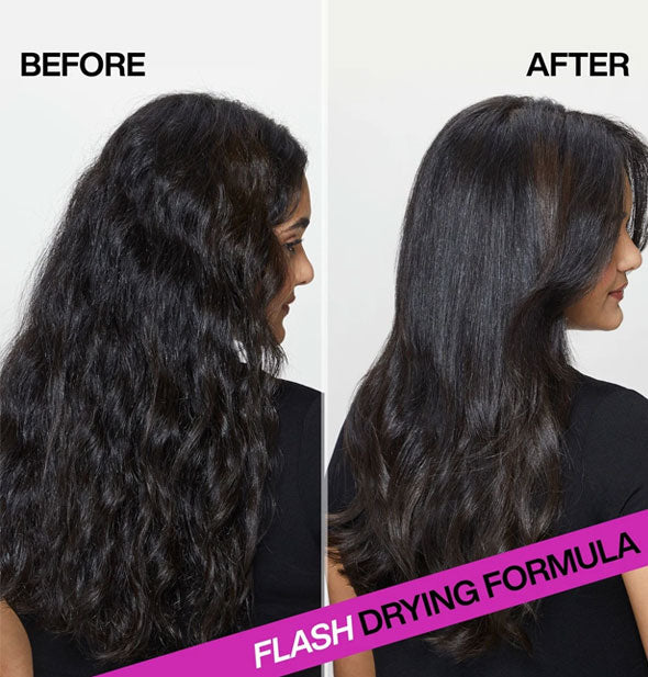 Before and after results of using Redken Quick Blowout are labeled, "Flash drying formula"