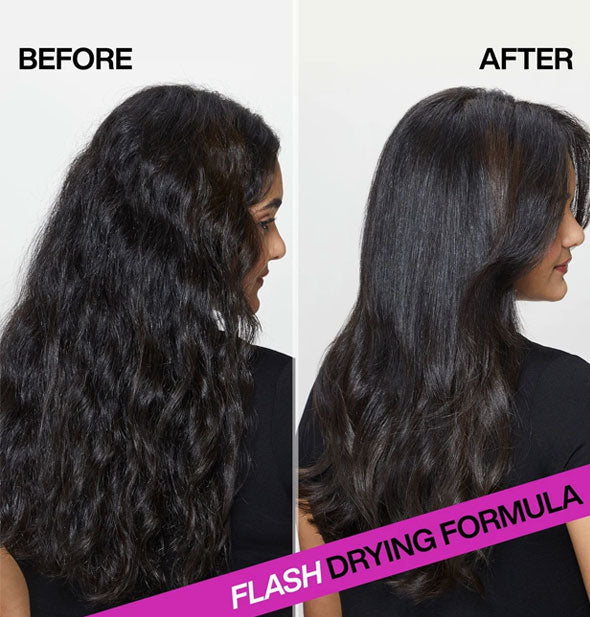 Before and after results of using Redken Quick Blowout are labeled, "Flash drying formula"