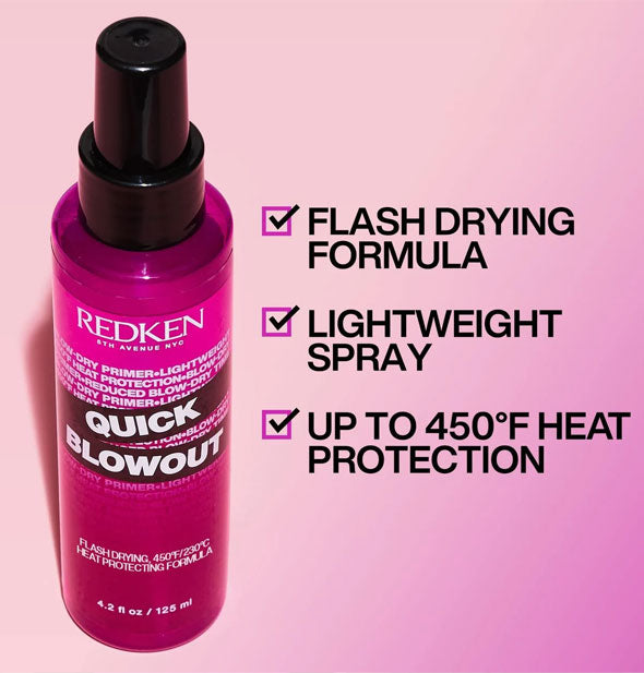 Bottle of Redken Quick Blowout is labeled with its key benefits: Flash drying formula, lightweight spray, up to 450°F heat protection